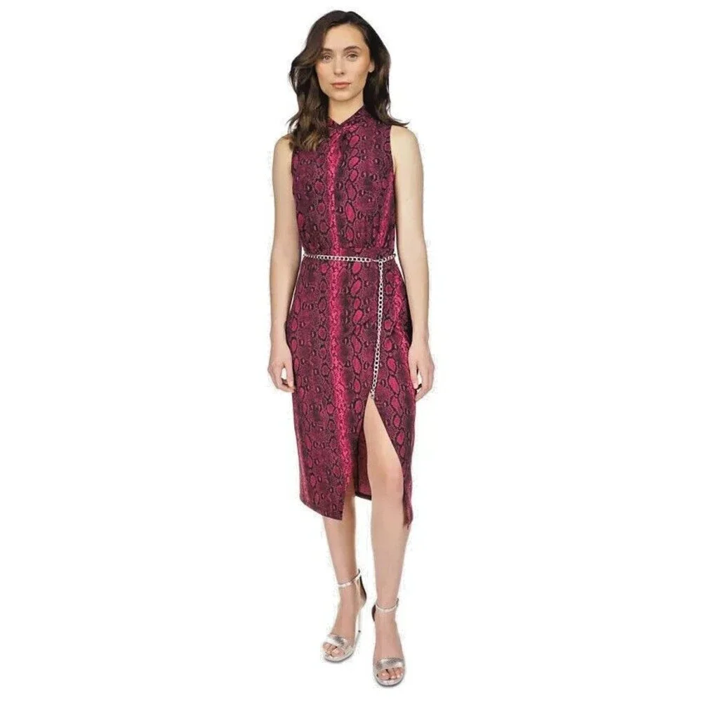 Michael Kors Women's Snakeskin-Print Sleeveless Midi Dress Fuchsia L (NO BELT)